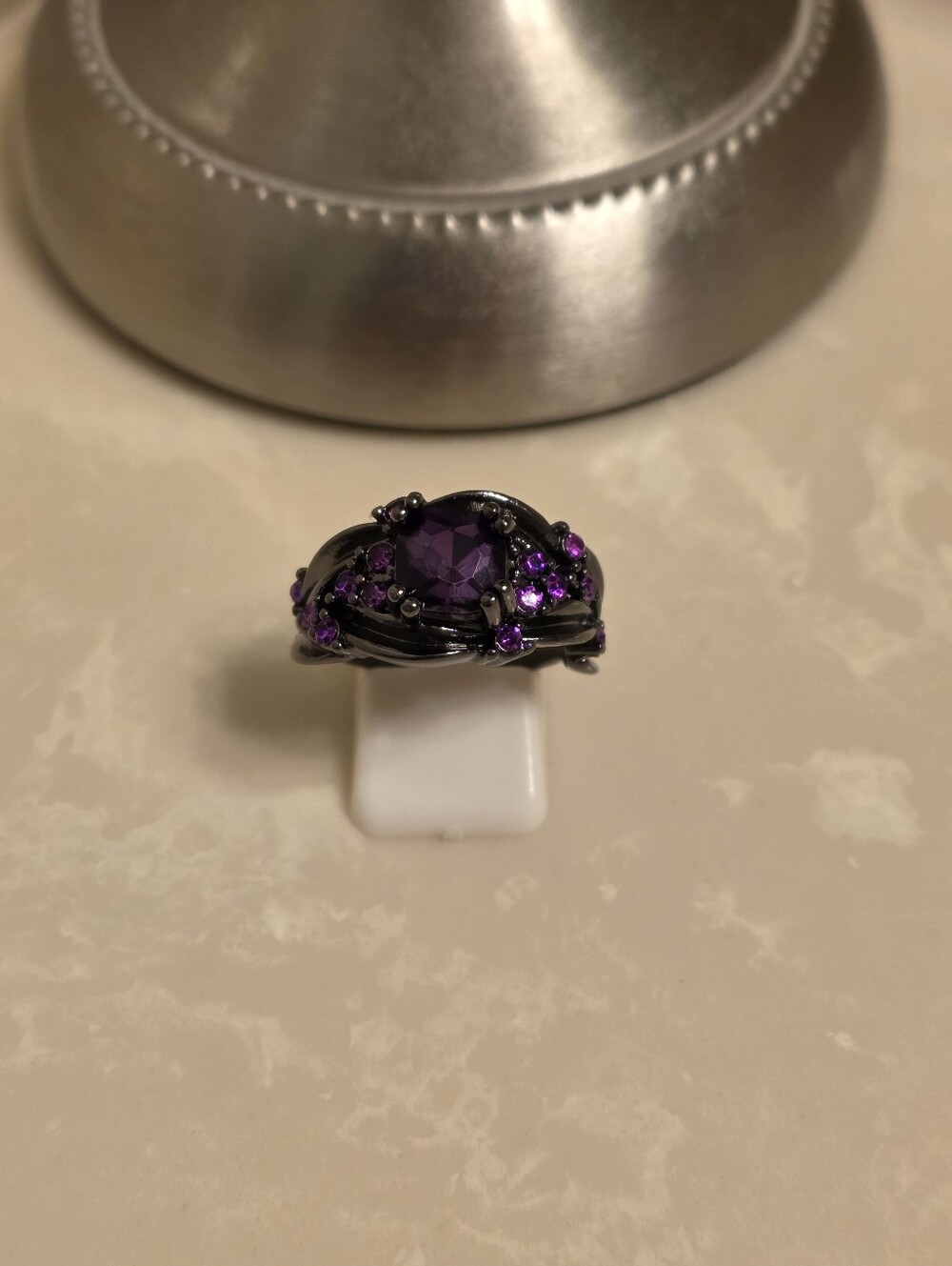 Gunmetal and Purple Jeweled Gothic Style Ring Size 9